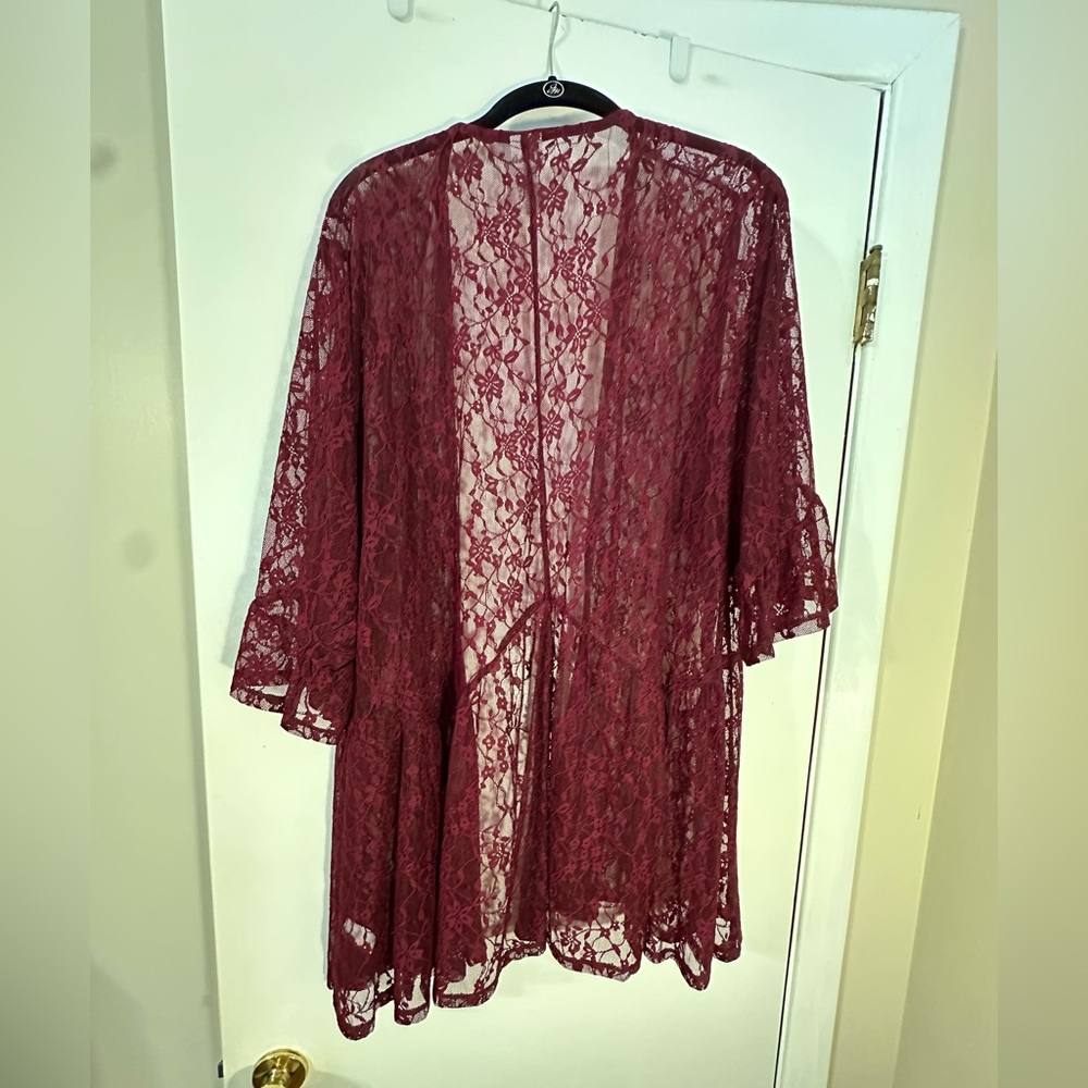 Time and Tru Lace Kimono Robe - Deep Red